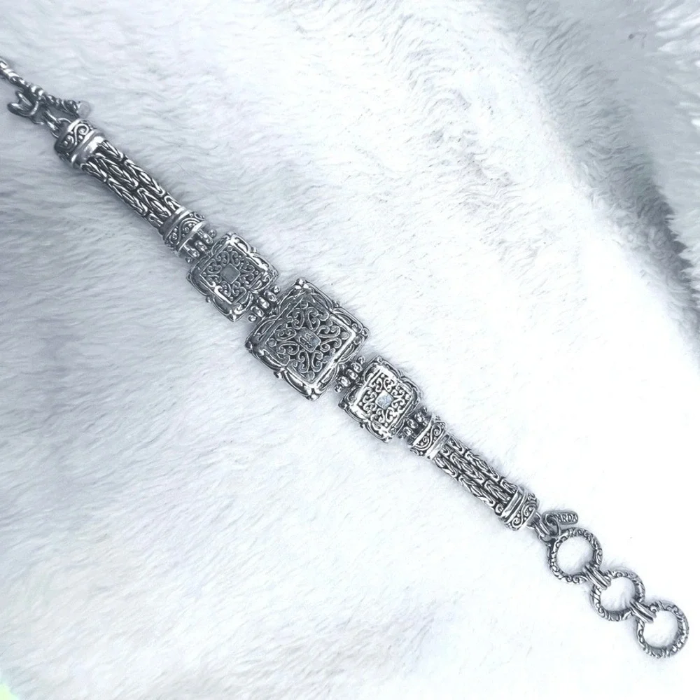 Sterling Silver Sarda Panel Bracelet Raised Square Floral Toggle Clasp Open Work